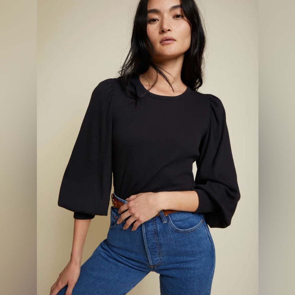Nation LTD Katrina Organic Cotton Ribbed Puff Sleeve Top (Jet Black)